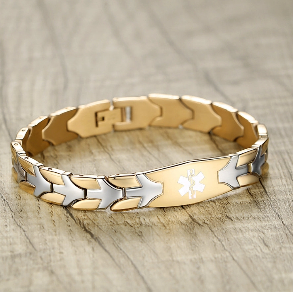 Medical Alert Diabetes Bracelet 316L Stainless Steel Gold Silver Link UNISEX